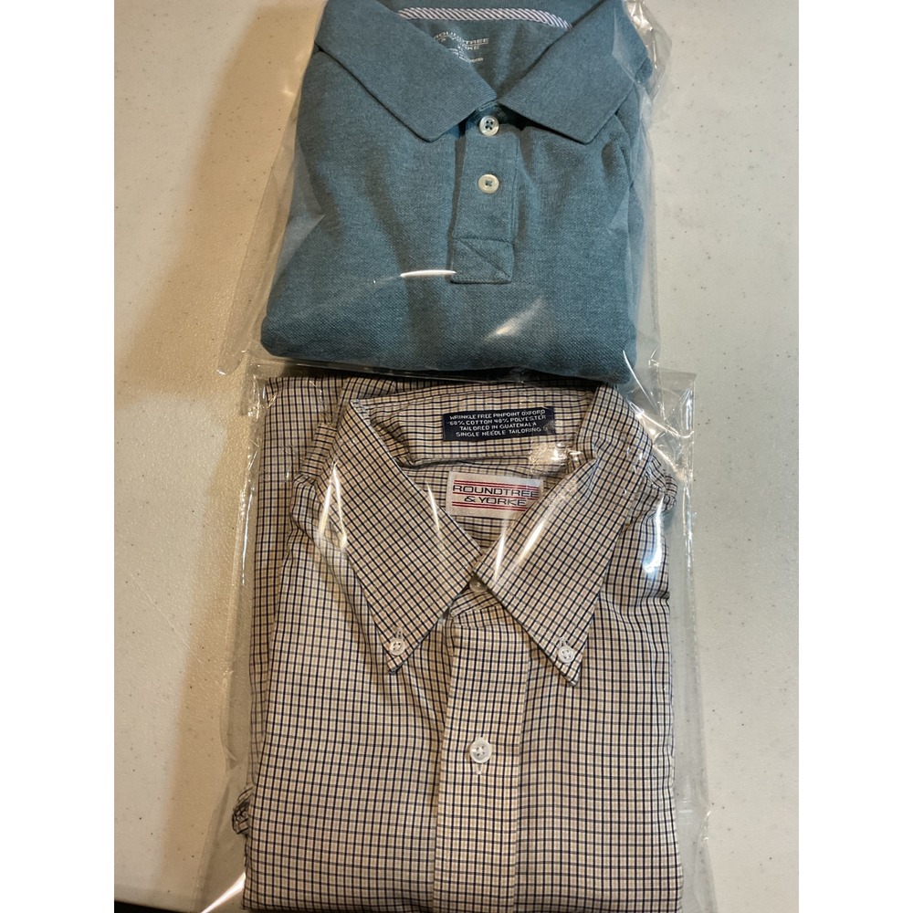 2 Roundtree & Yorke XL items. Wrinkle Free Pinpoint Oxford Check Shirt Tan Navy